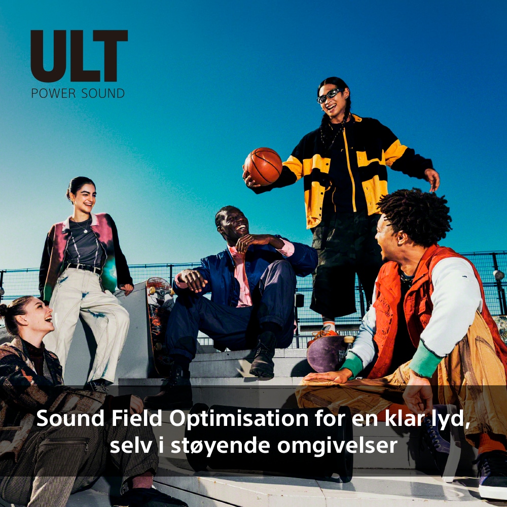 Sony ULT FIELD 7-høyttaler og teksten Sound Field Optimisation for en klar lyd, selv i støyende omgivelser