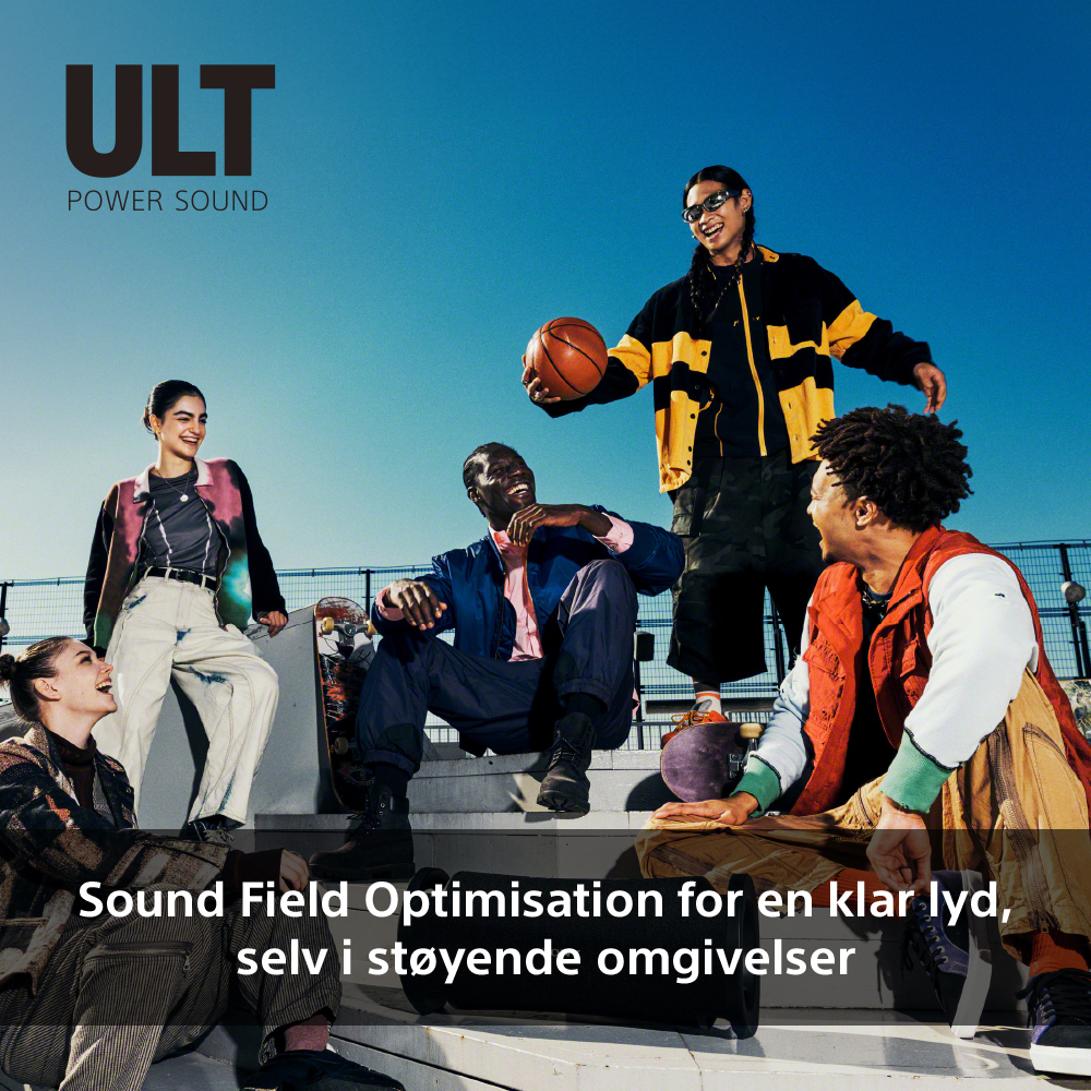 Sony ULT FIELD 7-høyttaler og teksten Sound Field Optimisation for en klar lyd, selv i støyende omgivelser