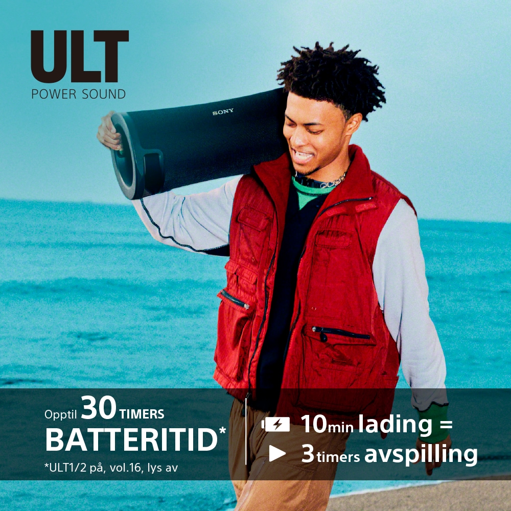 Sony ULT FIELD 7-høyttaler på skulderen til en gutt og teksten Opptil 30timers batteritid