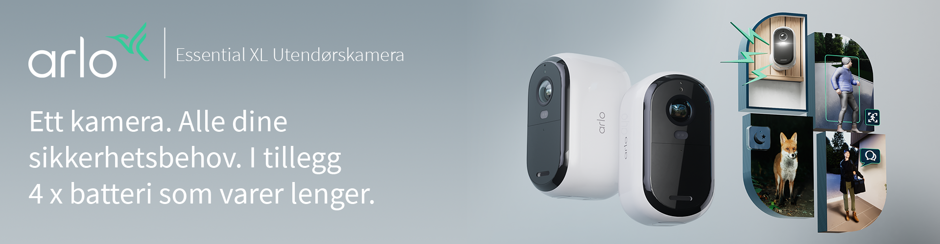 Arlo Essential 2K XL utendørs overvåkningskamera og teksten Ett kamera. Alle dine sikkerhetsbehov