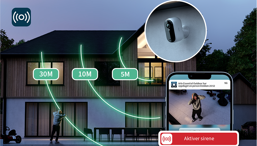 Arlo Essential 2K XL utendørs overvåkningskamera med høy sirene