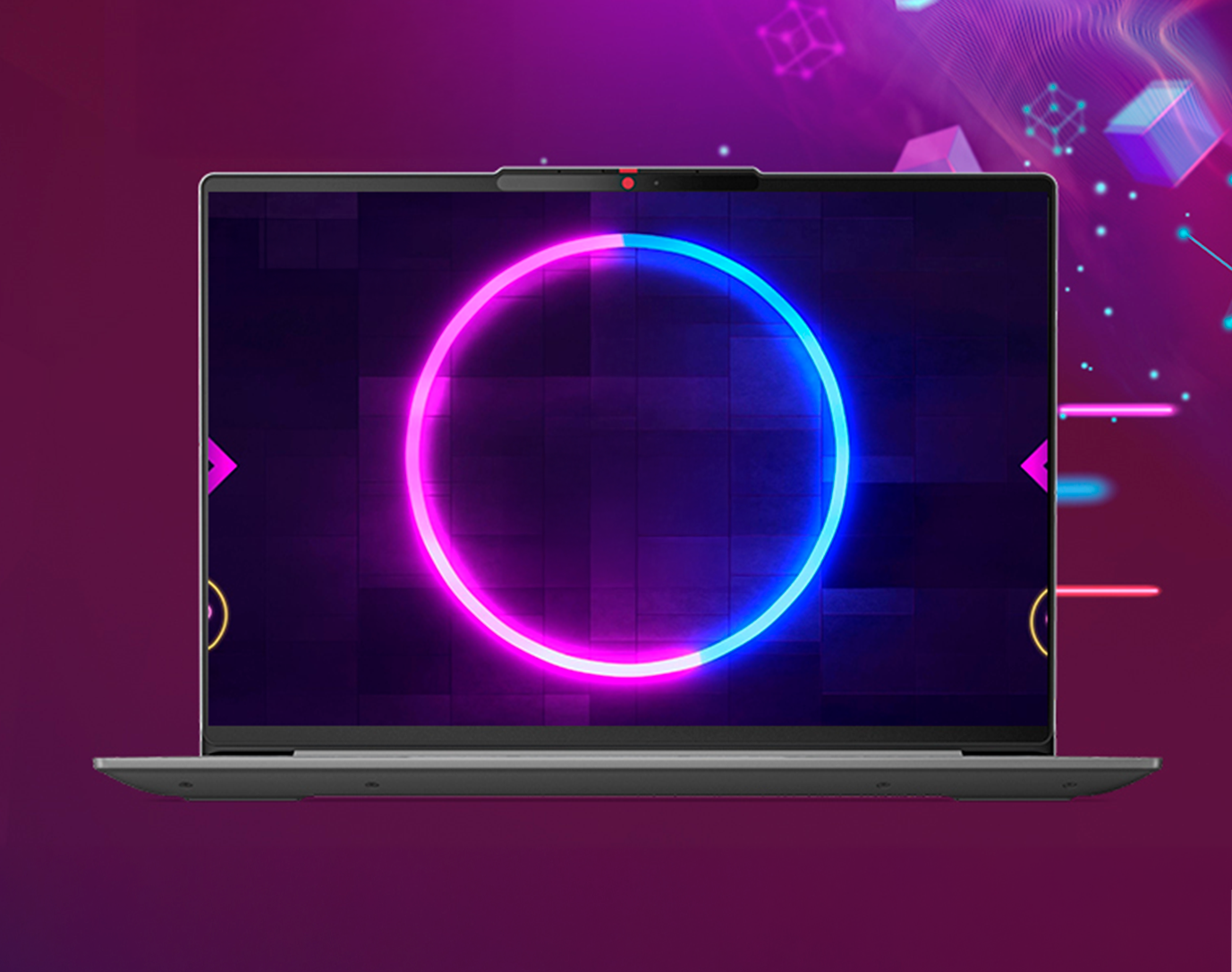 Lenovo IdeaPad Slim 5x og bilde av en lysende blå og rosa sirkel på skjermen