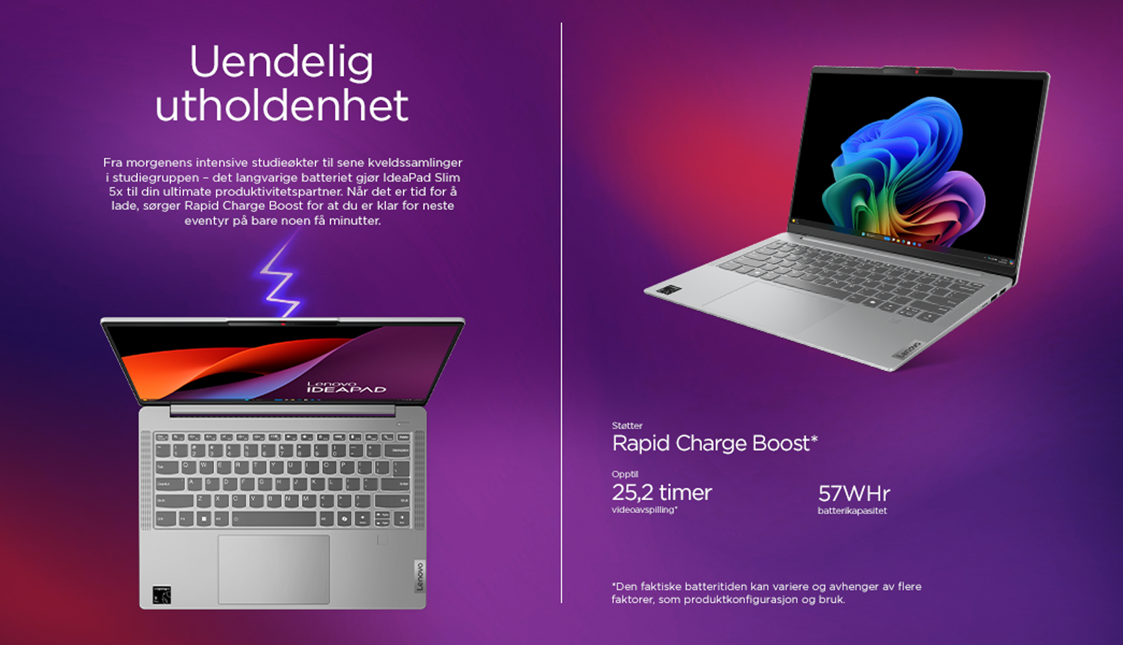 Batterispesifikasjoner om Lenovo IdeaPad Slim 5x med teksten ´Infinite endurance´