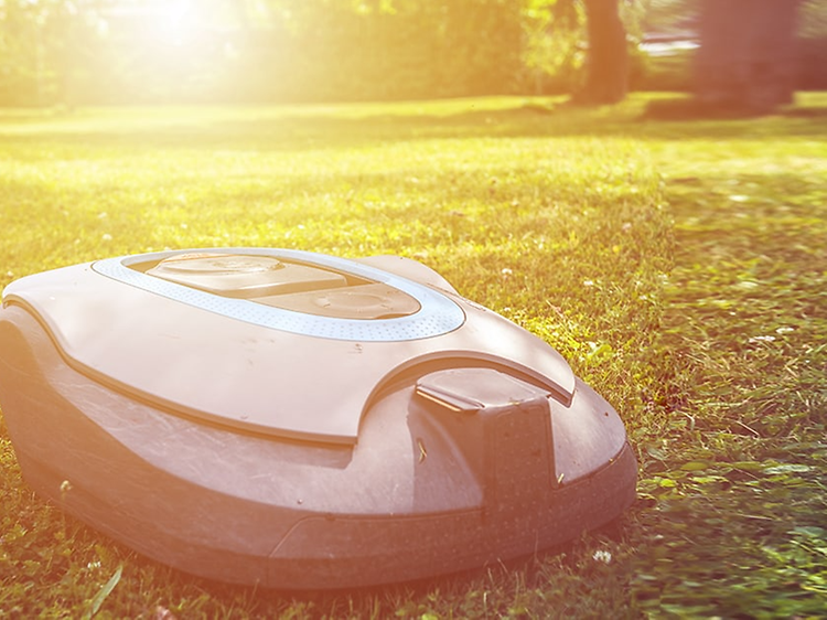 robotgressklipper på gressplen i solskinn