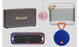 Ulike trådløse høyttalere fra bl.a. Marshall, Sony, Bang  & Olufsen, JBL