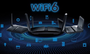 mørk wifi 6-illustrasjon med routere bærbar pc og blå ikoner