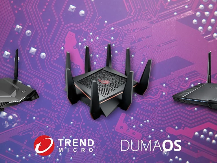 header kollasje med fire ulike typer routere og logo fra trend micro og dumaos