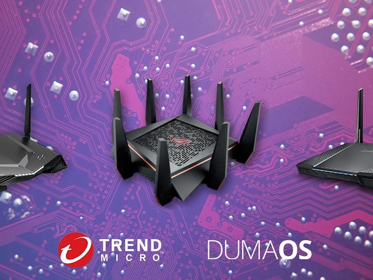 header kollasje med fire ulike typer routere og logo fra trend micro og dumaos