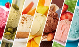 Collage med ulike typer iskrem