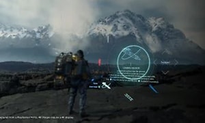 Death Stranding - Person som står foran et fjell med spillsymbol på skjermen