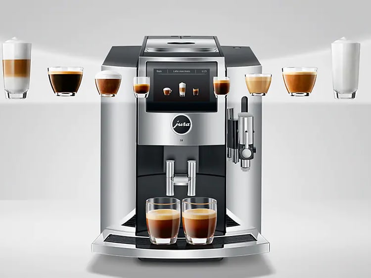 Jura kaffemaskin og illustrasjon av ulike typer kaffe