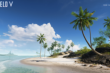 Battlefield V - tropisk strand med krigsskip i det fjerne