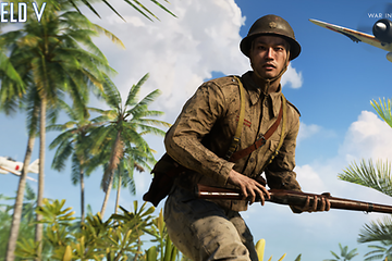 Battlefield V - soldat som beveger seg mellom palmer med et fly som flyr i bakgrunnen