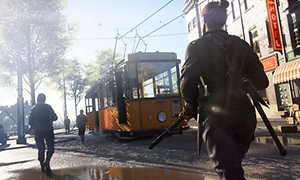 Battlefield V - soldater som går i en gate med en gul trikk