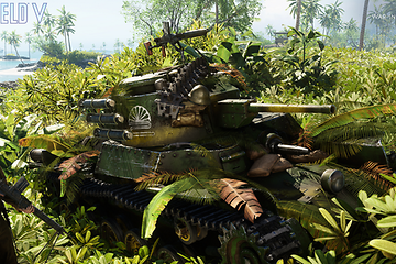 Battlefield V - soldater og en tanks i jungelen på en øy