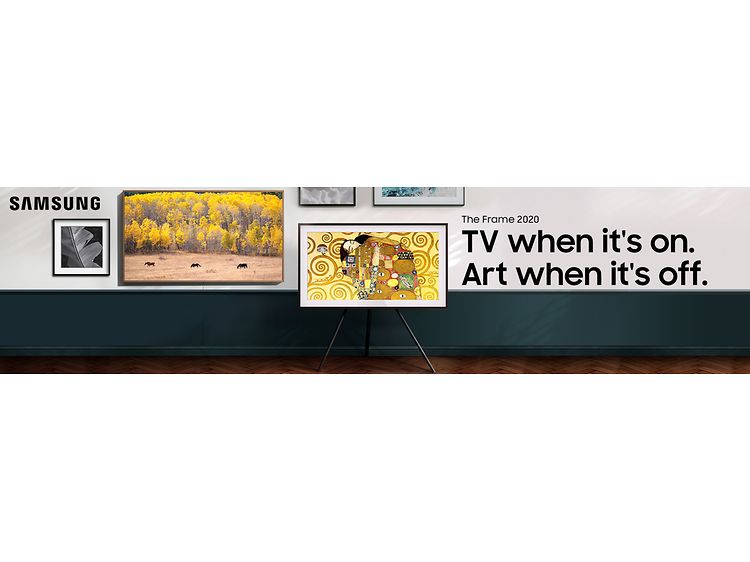 Samsung The Frame TV banner og teksten "TV når den er på. Kunst når den er av."
