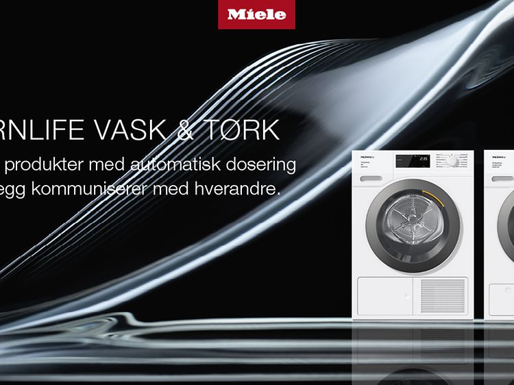 Miele vaskemaskin og tørketrommel ved siden av hverandre på svart bakgrunn