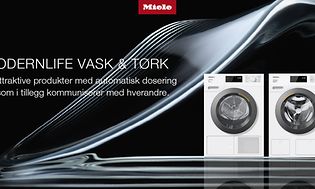 Miele vaskemaskin og tørketrommel ved siden av hverandre på svart bakgrunn