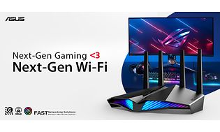 Next-Gen Gaming WiFi Asus kollasje med routere og gaming-skjerm