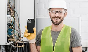 En anleggsarbeider som holder en smarttelefon med et Otterbox-deksel