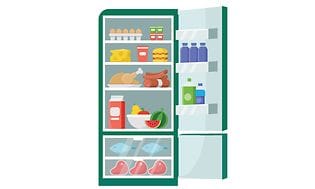 Illustrasjon av åpent kjøleskap med mat i