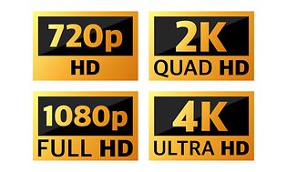 fire ulike skjermoppløsninger - 720 HD, 2K Quad HD, 1080 Full HD, 4K UHD