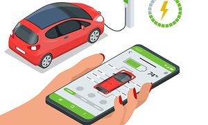 Illustrasjon av en smarttelefon som viser en bil og et batteri