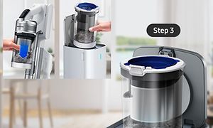 Illustrasjon i tre trinn for å tømme støvbeholderen på Samsung Jet