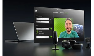 En mann på en skjerm med Nvidia Studio Broadcast-appen