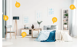 Ulike symboler på luftkvalitet, radon og mer i et soverom