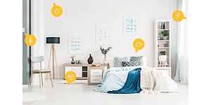Ulike symboler på luftkvalitet, radon og mer i et soverom