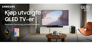 QLED-TV i stue med norsk kampanjetekst