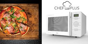 Whirlpool Chef Plus mikrøbølgeovn og pizza på skjærebrett