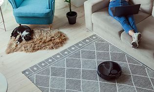 katt og en robotstøvsuger på et gulv og en kvinne i en sova