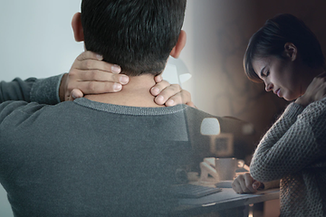 kollasje med mann og kvinne som masserer nakken og uttrykker smerte