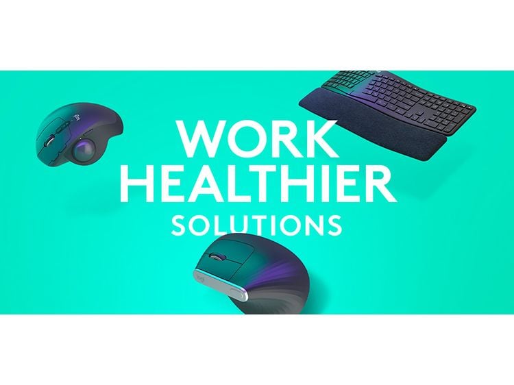 Keyboard and mice on green background with the text "Work healthier solutions"