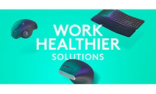 Keyboard and mice on green background with the text "Work healthier solutions"
