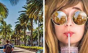 et bilde av en boulevard med palmer og en kvinne med solbriller