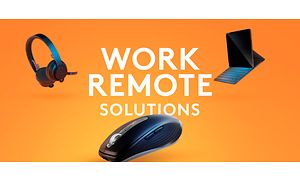 mus, hodetelefoner og en bærbar pc-holder på oransj bakgrunn med teksten "Work remote solutions"