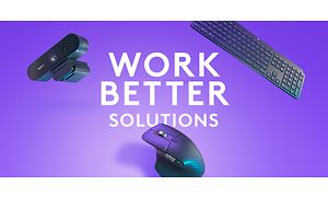 mus, kamera og tastatur mot en lilla bakgrunn med teksten "Work better solutions"