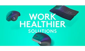 mus og tastatur mot en turkis bakgrunn med teksten "Work healthier solutions"