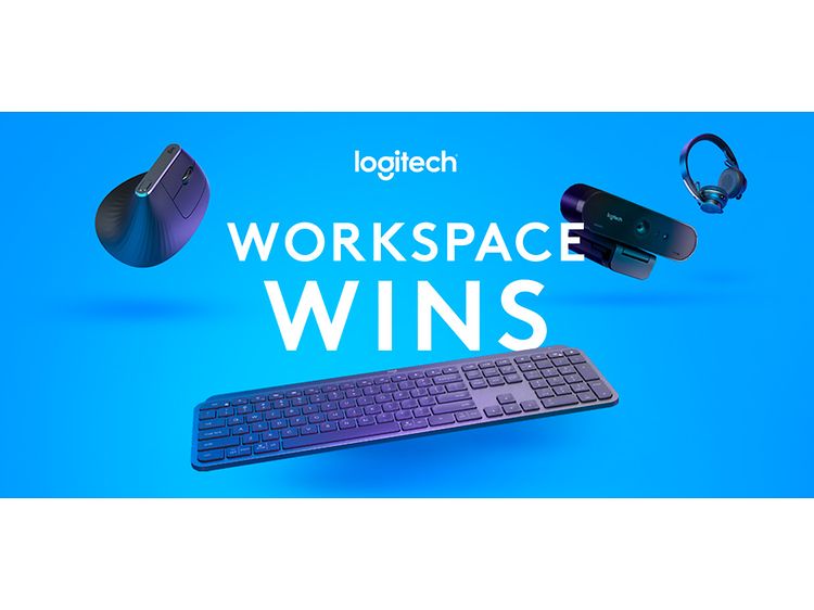 mus, hodetelefoner og tastetur på blå bakgrunn med teksten "Logitech Workspace Wins"