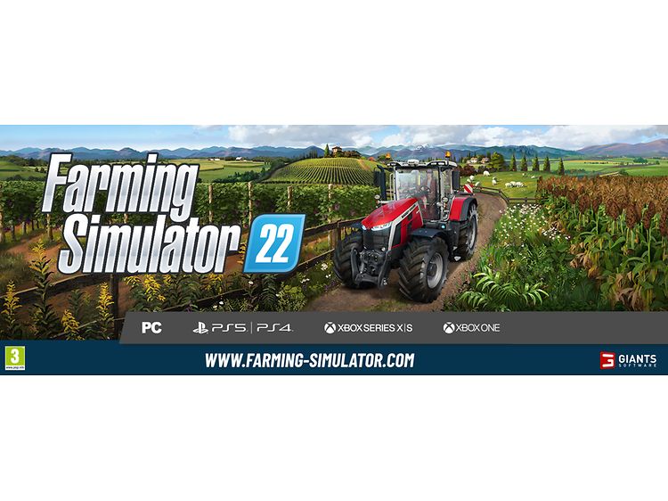 Farming Simulator 22 kollasje med skjermbilde fra spill og logo