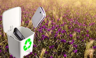 en blomstereng og to smarttelefoner på vei ned I en resirkuleringsboks