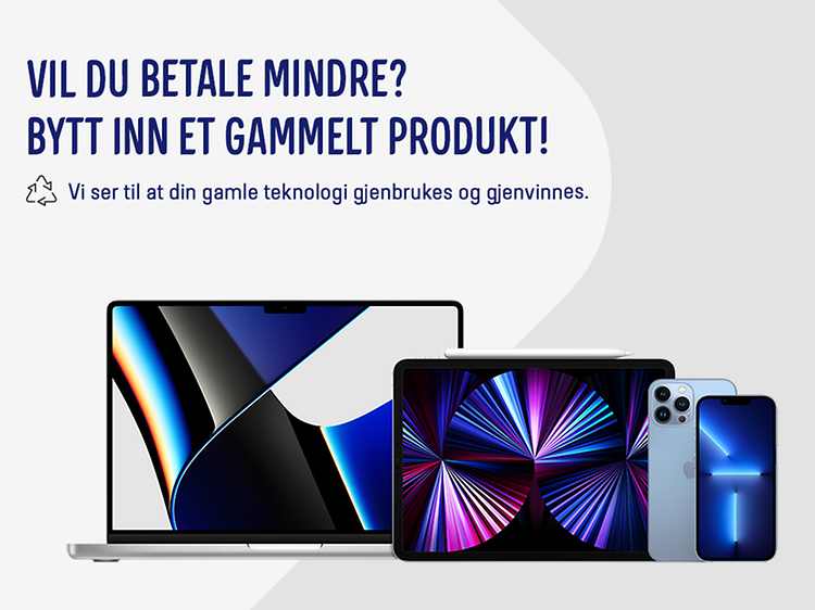 Apple products on banner with the text "Would you like to pay less? Trade in your old product"