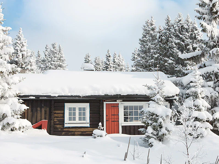 en hytte dekket av snø i et vinterlandskap