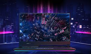 ROG Strix SCAR 15 gaming-laptop forfra, med fokus på skjermen der vi ser et detaljert bylandskap.