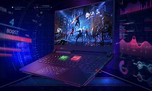 ROG Strix SCAR 15 gaming-laptop forfra, som viser hvordan et spill kan se ut på skjermen.