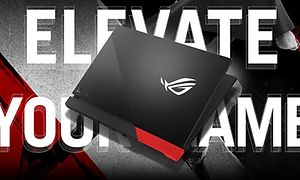 To ROG Strix G15 advantage edition, lukket igjen og sett ovenfra med teksten "elevate your game" i bakgrunnen.