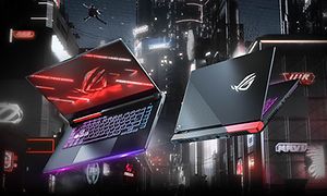 To ROG Strix G15 advantage edition bærbar gaming-PCer med et abstrakt bylandskap i bakgrunnen.